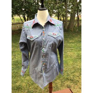 Vintage Sears Embroidered Western Shirt M Denim Floral Design Long Sleeve
